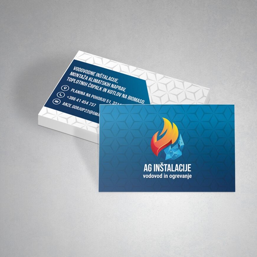 Poslovna vizitka podjetja, oblikovana v modrih odtenkih s stiliziranim logotipom ognja in ledu ter kontaktnimi podatki.