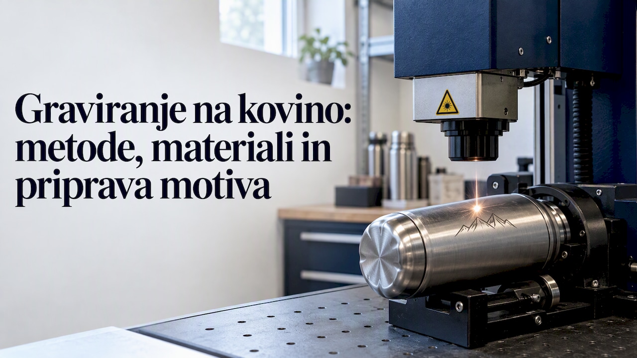 Laser v delavnici gravira kovinsko termovko